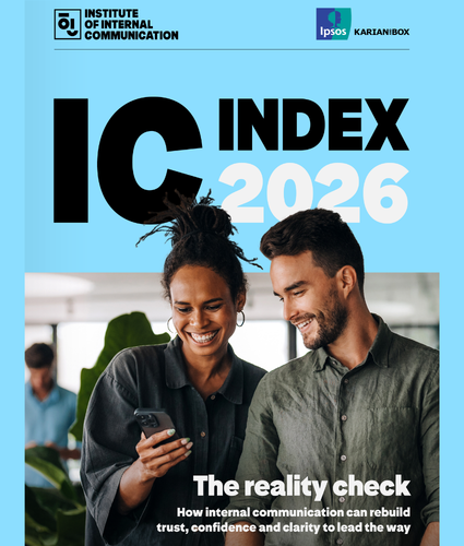 IC Index 2026: The reality check. Two colleagues smiling at a phone.