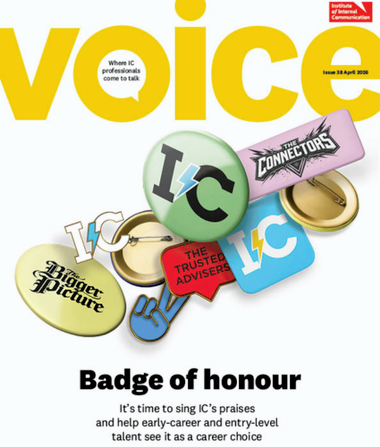 Magazine cover with large yellow “voice” title, IC badges and pins, and headline “Badge of honour” about promoting IC as a career choice.