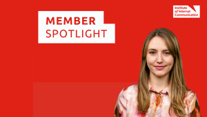 Portrait graphic on a red background with the text “Member Spotlight” and the Institute of Internal Communication logo. A woman with long brown hair.