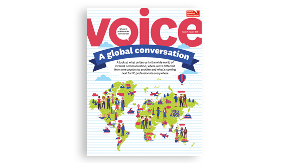 Illustrated “Voice” cover showing a global map with diverse people and icons, highlighting a worldwide conversation in internal communication.