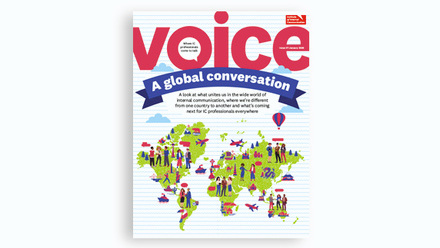 Illustrated “Voice” cover showing a global map with diverse people and icons, highlighting a worldwide conversation in internal communication.