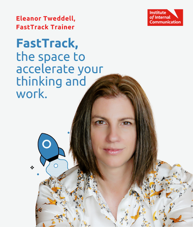 Portrait of Eleanor Tweddell, FastTrack Trainer, with text reading “FastTrack, the space to accelerate your thinking and work” and IoIC logo.