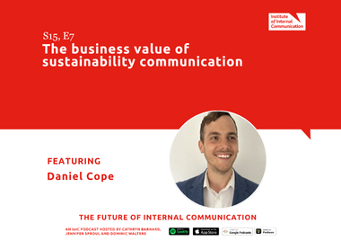 Podcast graphic: “The business value of sustainability communication” featuring Daniel Cope, with headshot and podcast branding.