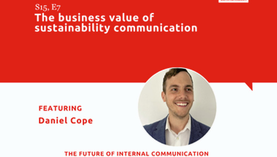 Podcast graphic: “The business value of sustainability communication” featuring Daniel Cope, with headshot and podcast branding.