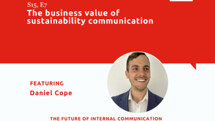 Podcast graphic: “The business value of sustainability communication” featuring Daniel Cope, with headshot and podcast branding.