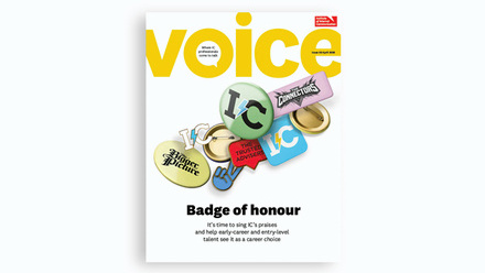 Magazine cover with large yellow “voice” title, IC badges and pins, and headline “Badge of honour” about promoting IC as a career choice.
