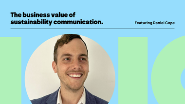 Podcast graphic featuring Daniel Cope. "The business value of sustainability communication."