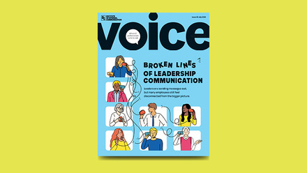 Cover of Voice magazine July 2026 on a yellow background. Headline: Broken Lines of Leadership Communication.