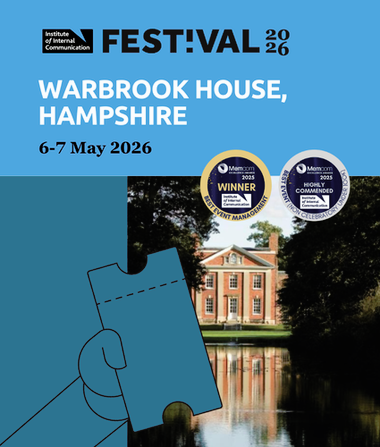 Poster for IoIC Festival 2026 at Warbrook House,  6–7 May, featuring award badges and an illustration of a hand holding a ticket over the venue.