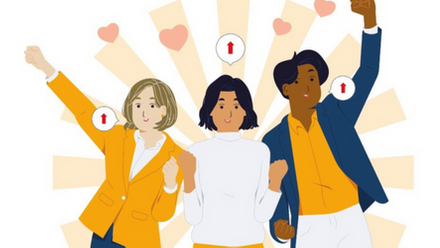 A graphic showing 3 diverse characters with arms up