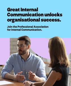 Two professionals in conversation. "Great Internal Communication unlocks organisational success."