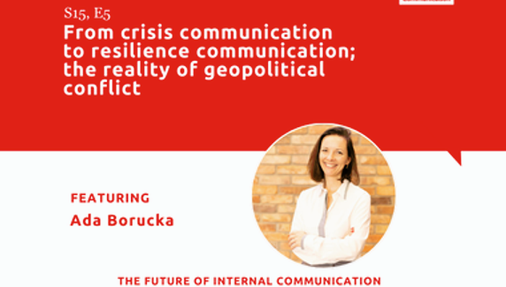 Podcast graphic featuring Ada Borucka discussing crisis communication, resilience communication and the reality of geopolitical conflict.