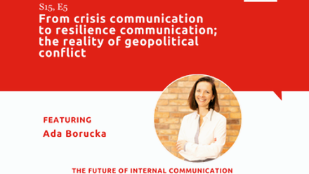 Podcast graphic featuring Ada Borucka discussing crisis communication, resilience communication and the reality of geopolitical conflict.