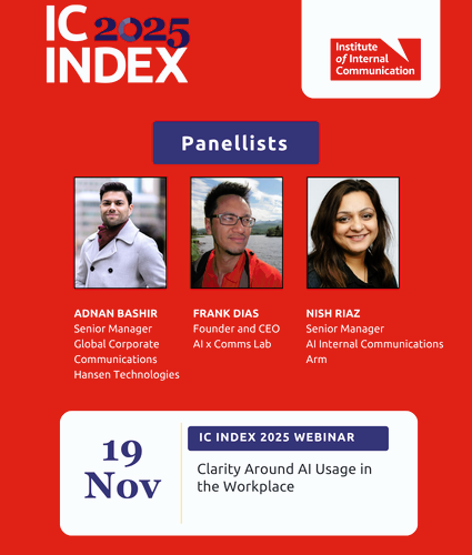 IC Index 2025 webinar promo with IoIC logo, date 19 Nov, and panellists Adnan Bashir, Frank Dias, and Nish Riaz on AI in the workplace.