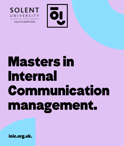 Lavender background with abstract white geometric shapes, with text Masters in Internal Communication Management.