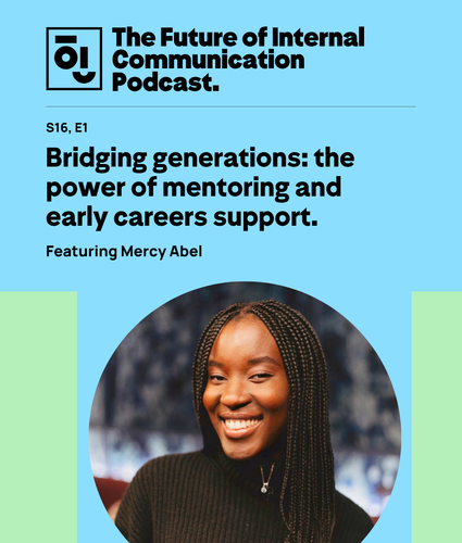 Blue podcast graphic featuring a smiling woman with braids and text about bridging generations and mentoring. 