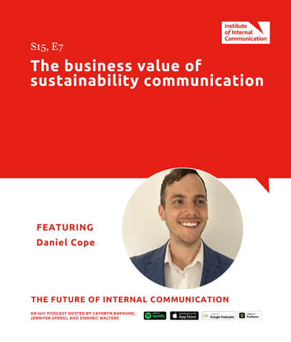Podcast graphic: “The business value of sustainability communication” featuring Daniel Cope, with headshot and podcast branding.