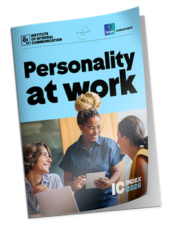 Cover of the IC Index 2026: Personality at work report, shown angled on a blue brand background.