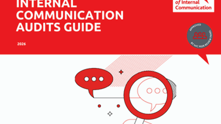 Cover of the 2026 Internal Communication Audits Guide, featuring red and white design with speech bubbles and a magnifying glass graphic.