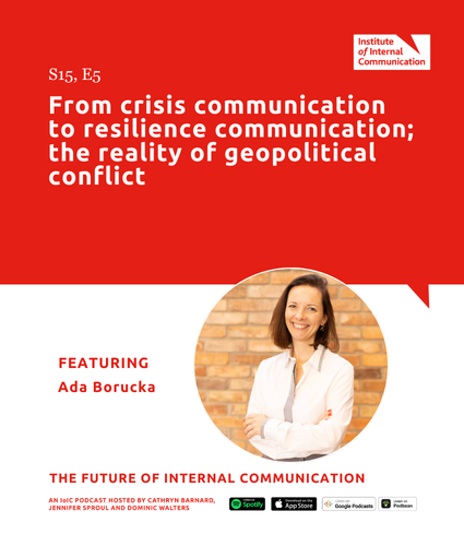 Graphic promoting The Future of Internal Communication podcast featuring Ada Borucka on crisis communication, resilience and geopolitical conflict.